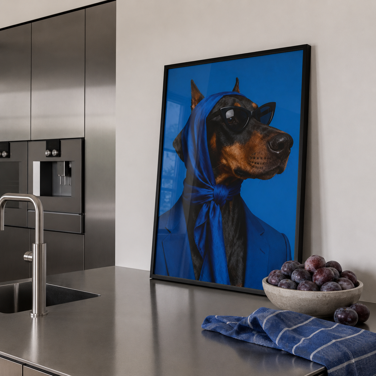 Framed artwork of a dog with a blue cloth on a kitchen counter.