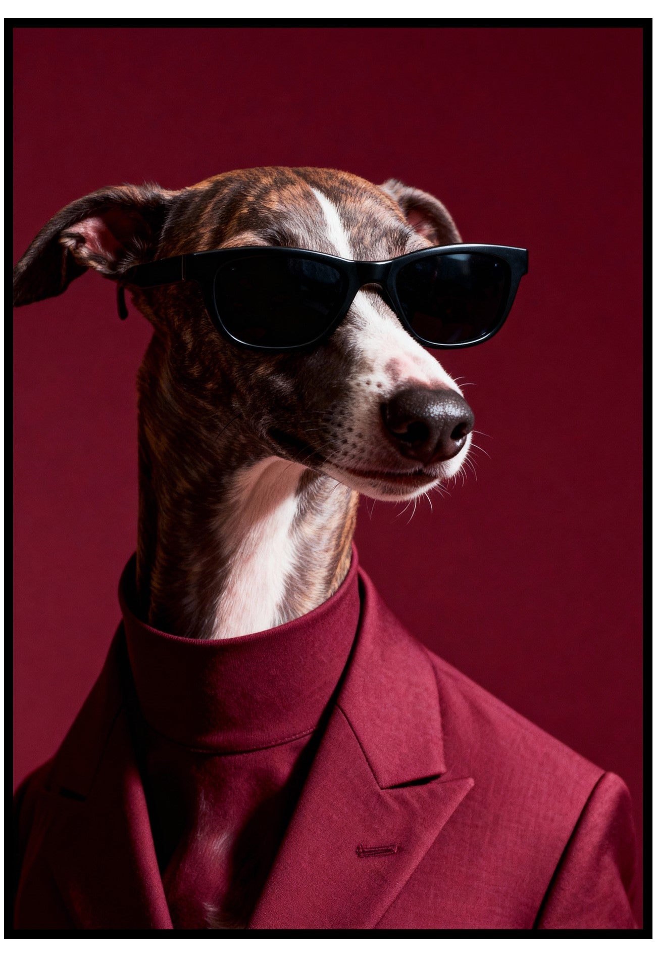 Whippet dog wearing sunglasses and a red outfit against a red background