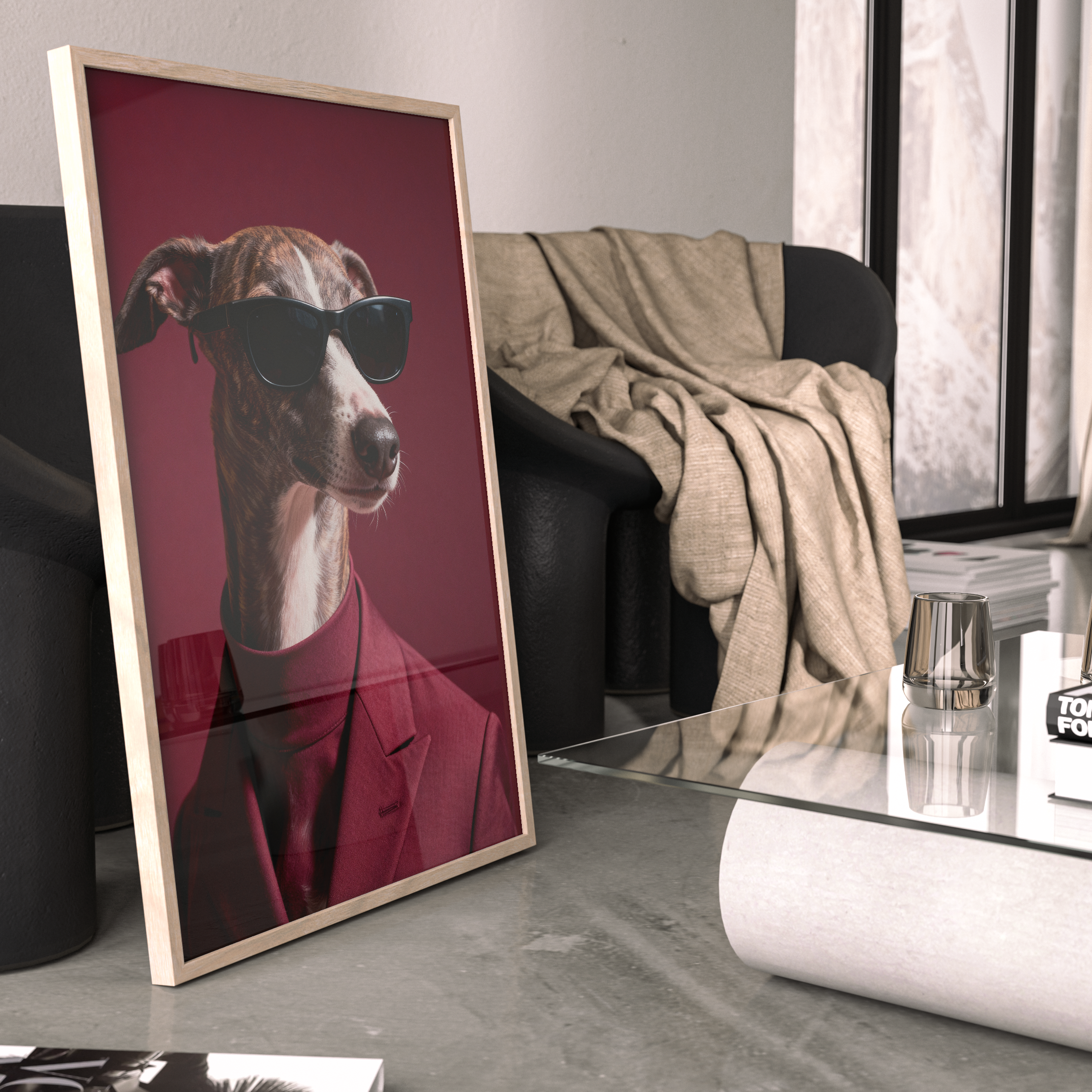 Framed artwork of a dog wearing sunglasses on a coffee table in a living room.