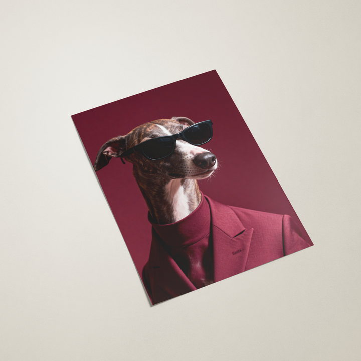 poster with a dog wearing sunglasses and a suit on a light background