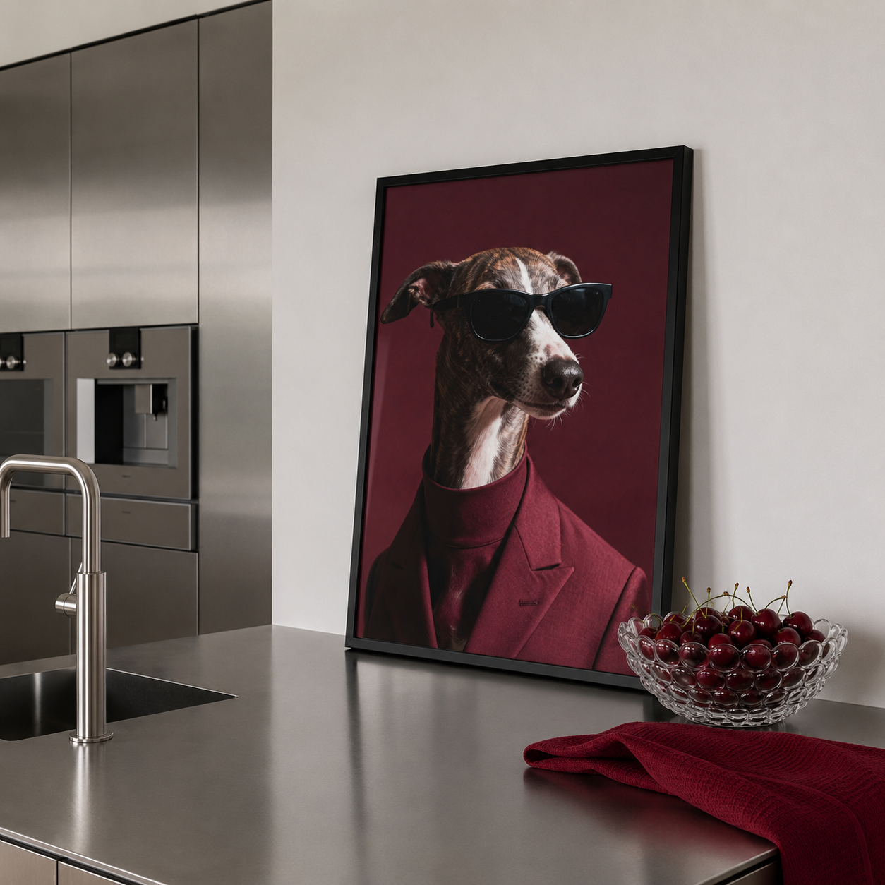 Framed picture of a dog wearing sunglasses on a kitchen counter with a bowl of cherries.