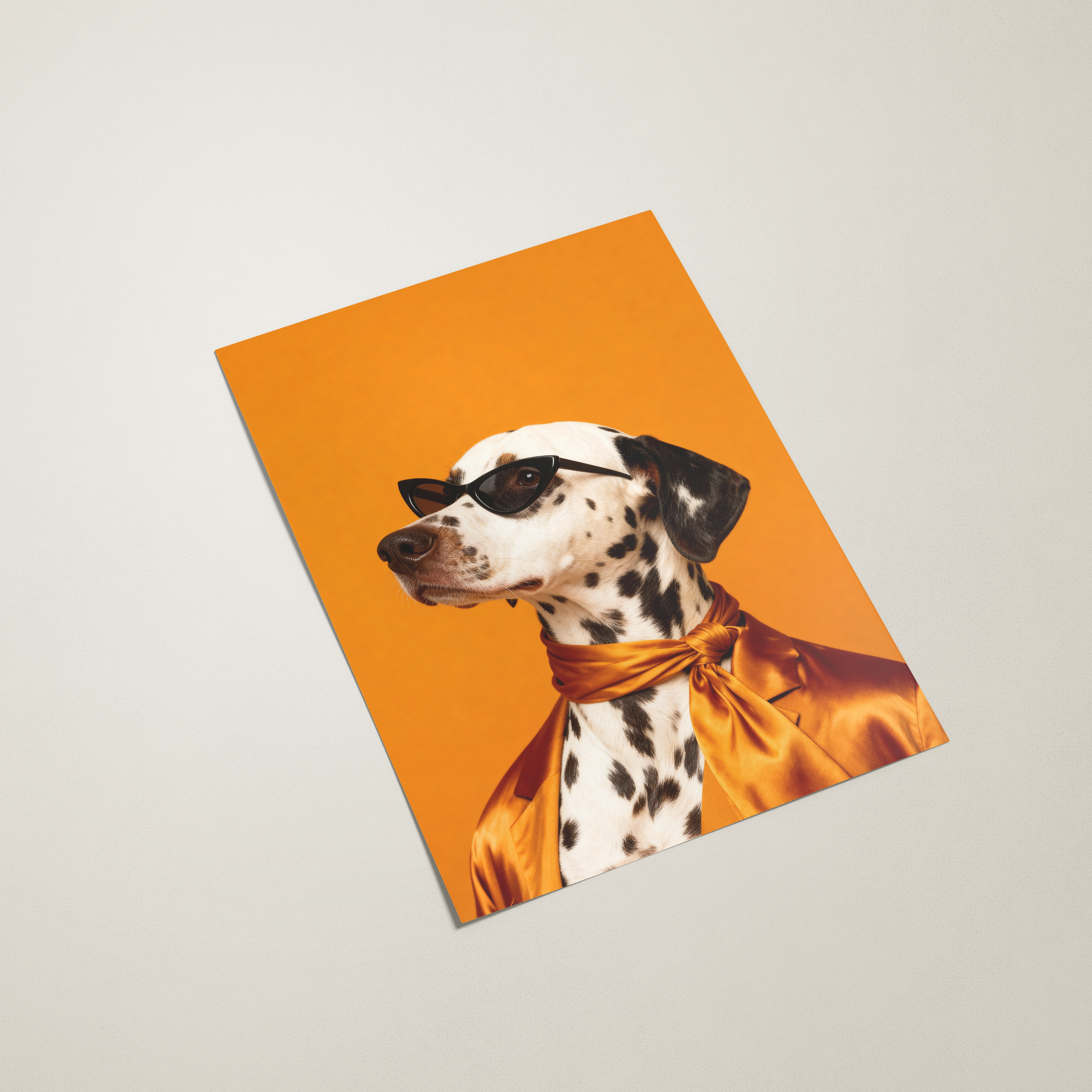 poster with a dalmatian dog design on an orange cover against a light gray background