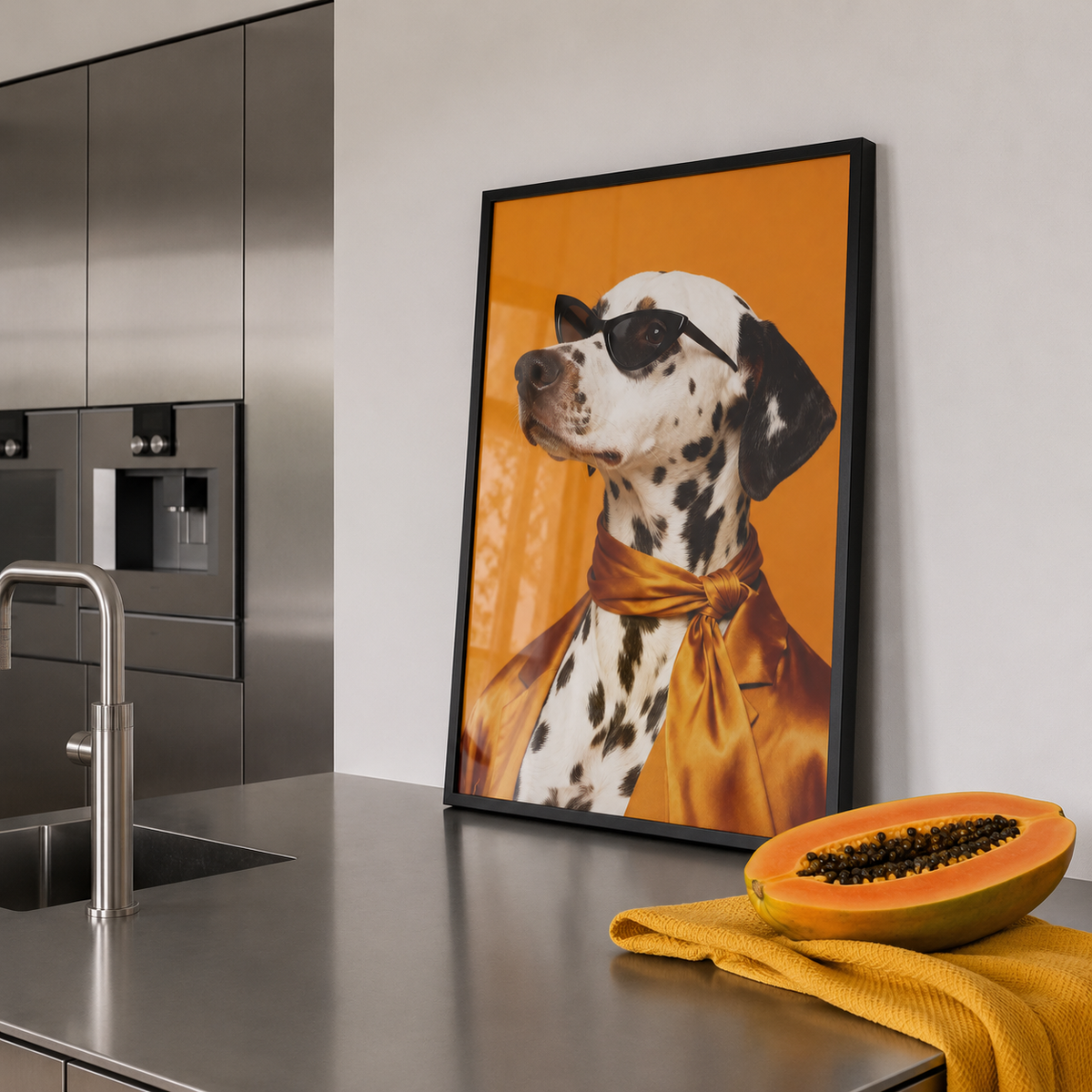 Framed picture of a dalmatian dog on an orange background in a modern kitchen.