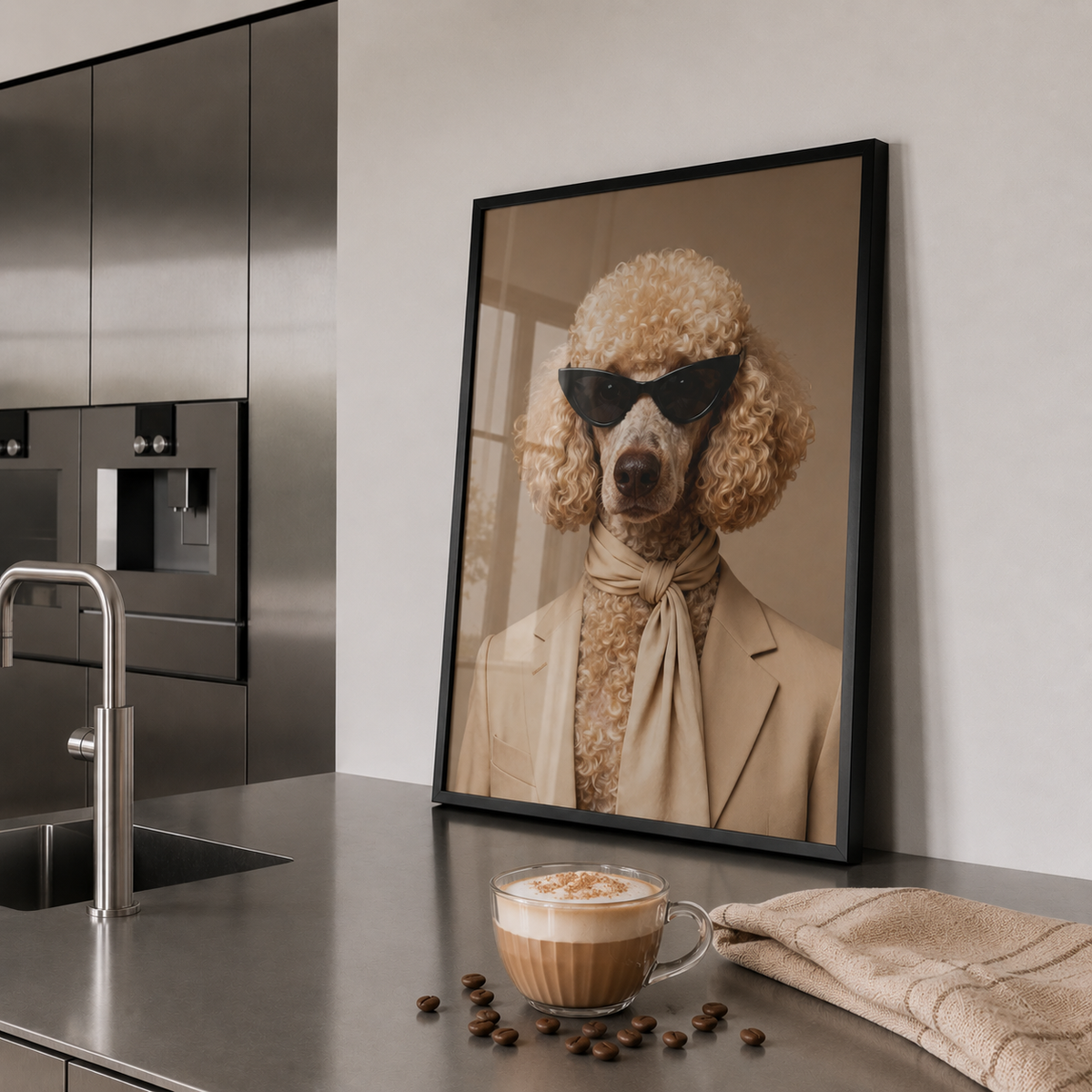 Framed picture of a stylish poodle in a kitchen with a coffee cup and beans on the counter.