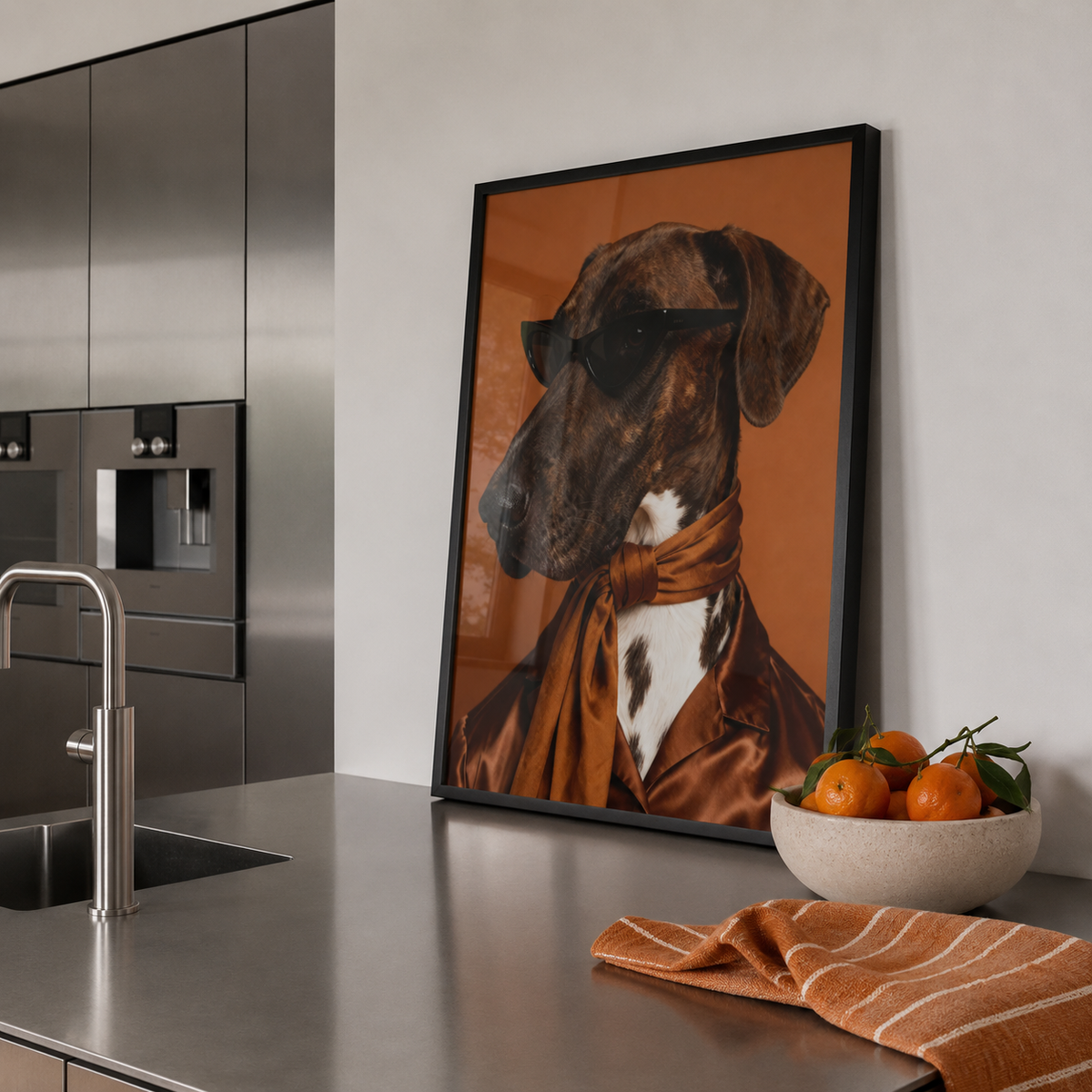 Kitchen with a dog portrait on the wall, bowl of oranges, and striped towel.