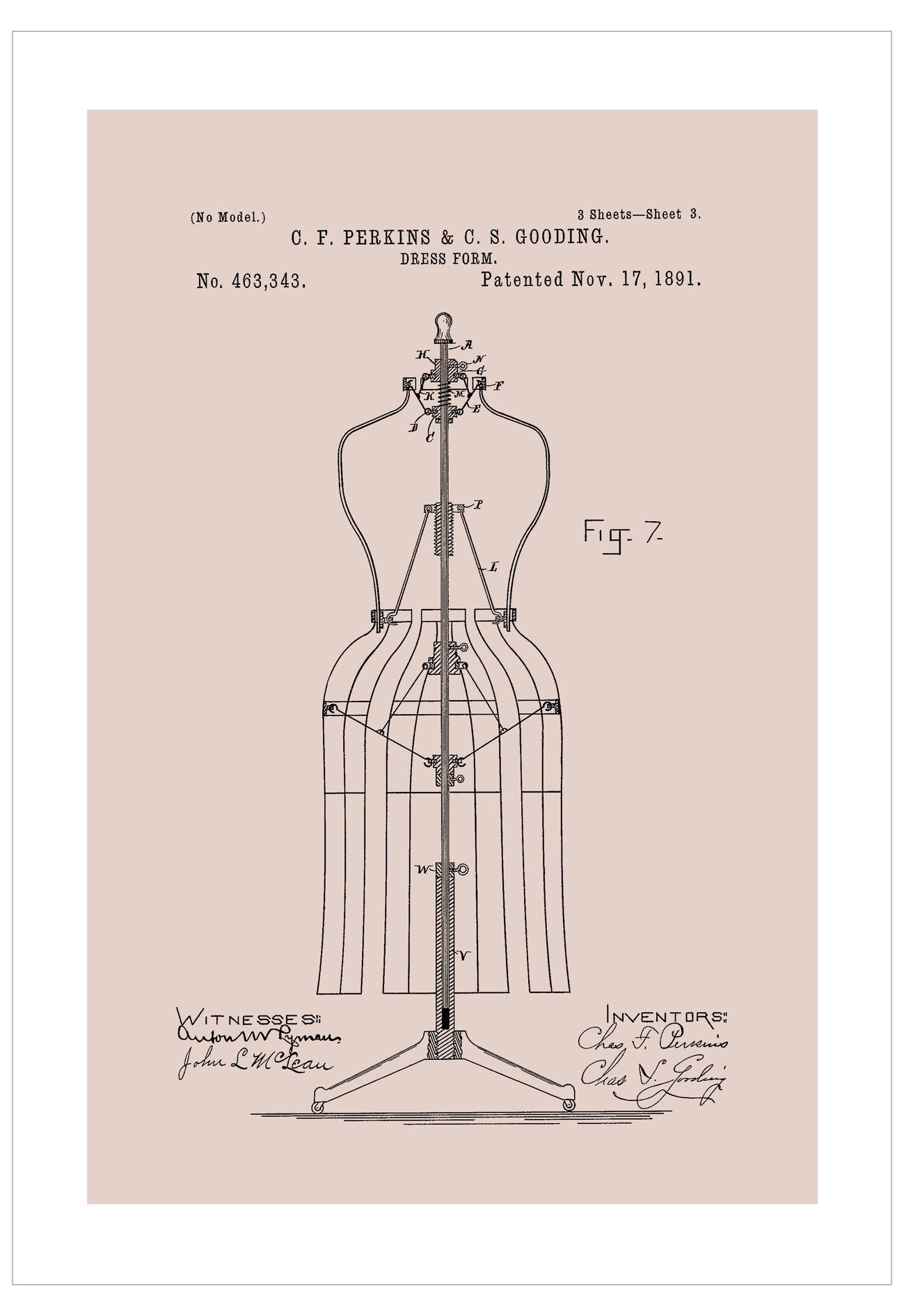 Vintage dress form patent illustration on a light pink background