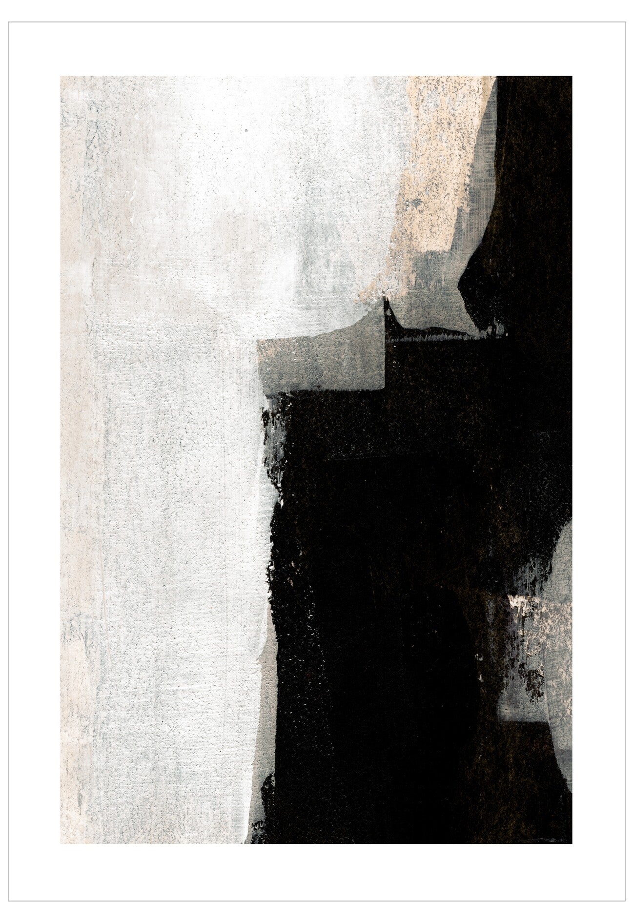 Abstract art piece with black and white textures on a textured background