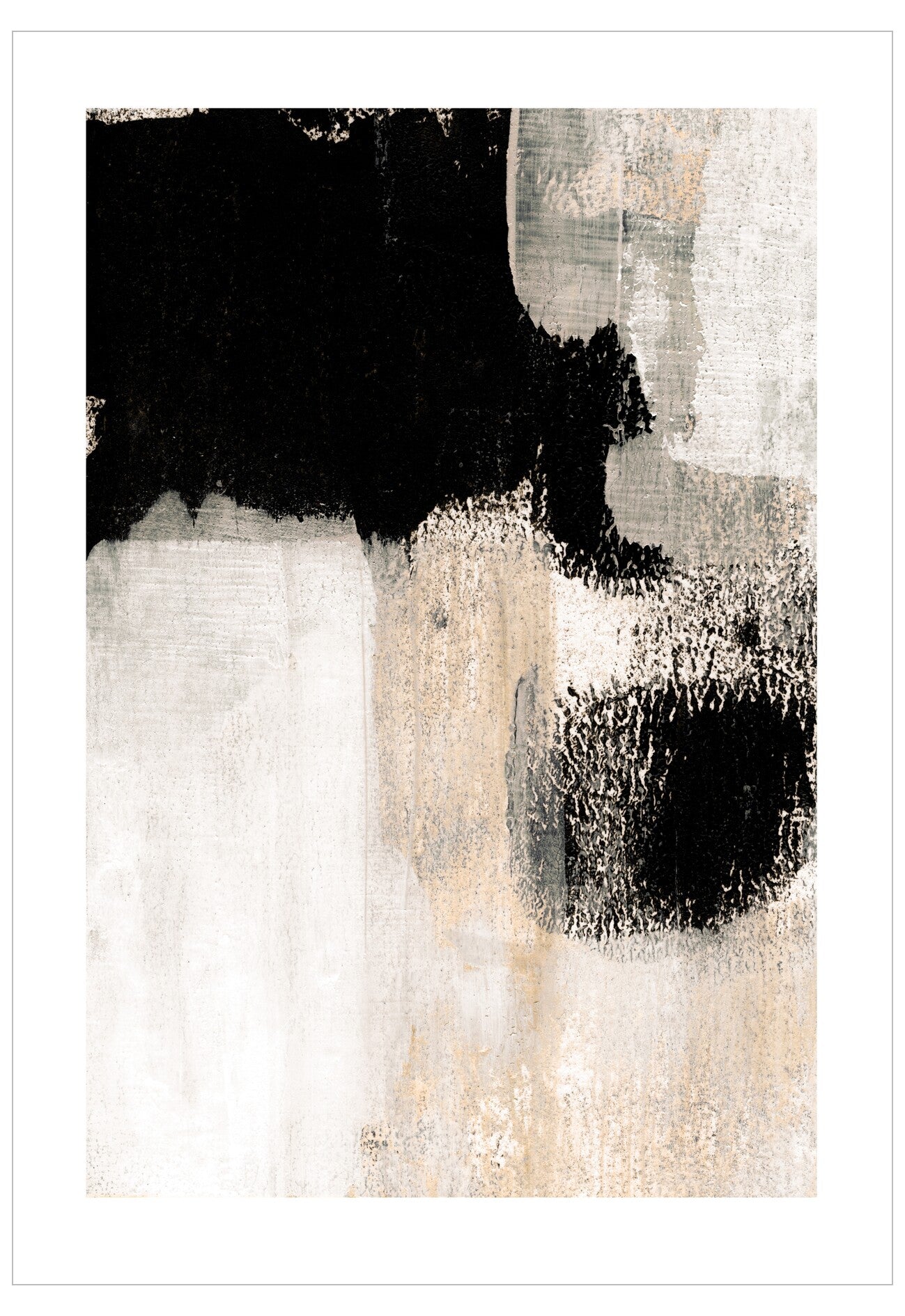 Abstract art print with black, white, and beige brush strokes on a white background