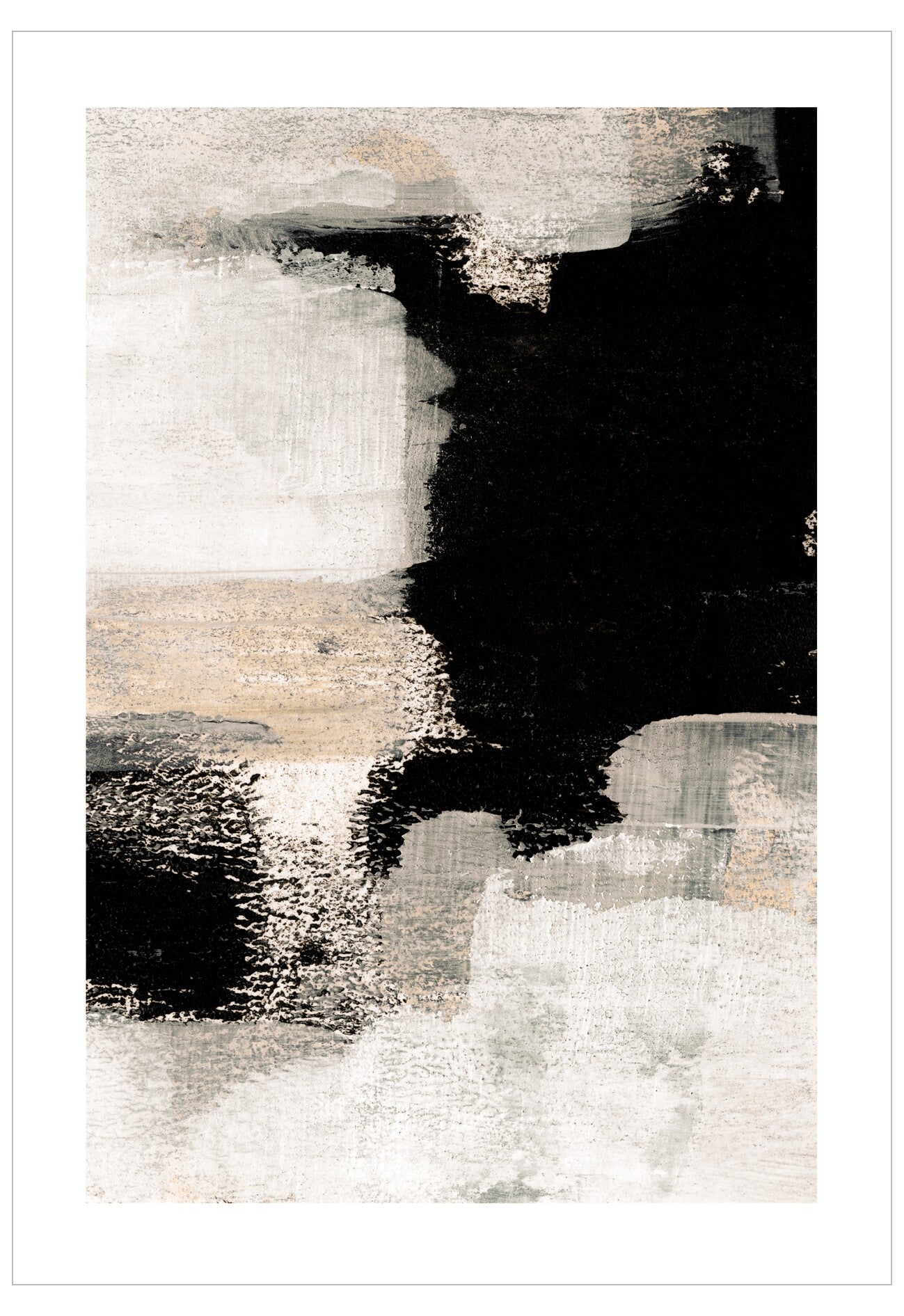 Abstract art piece with black, white, and gray brush strokes on a white background