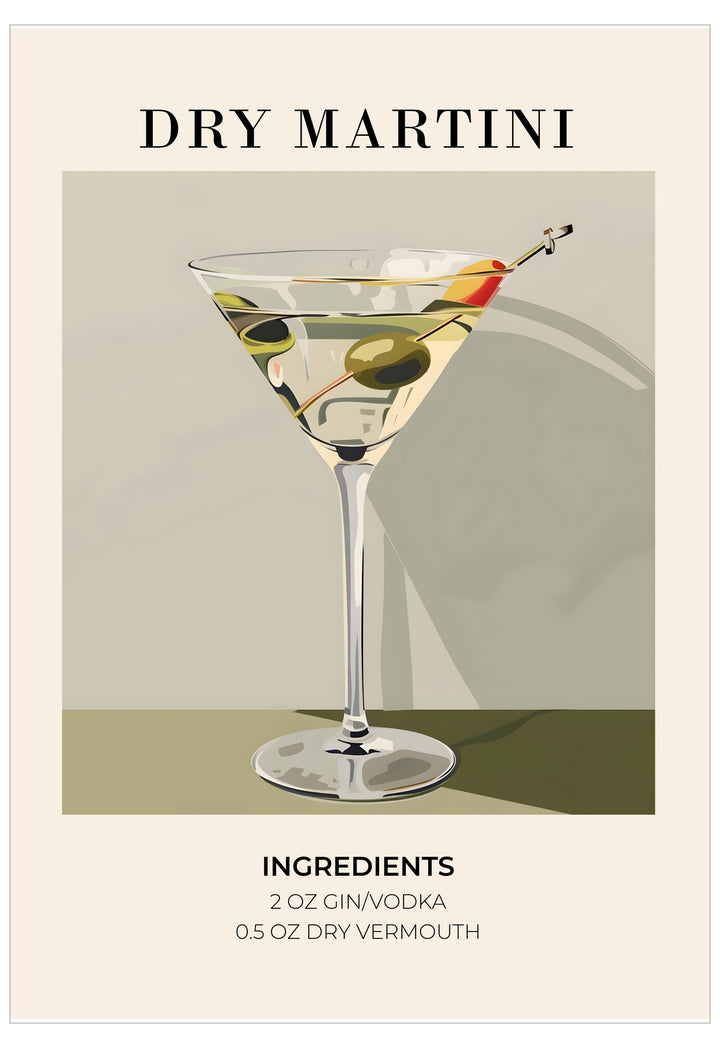 Dry Martini cocktail with olives in a martini glass on a beige background
