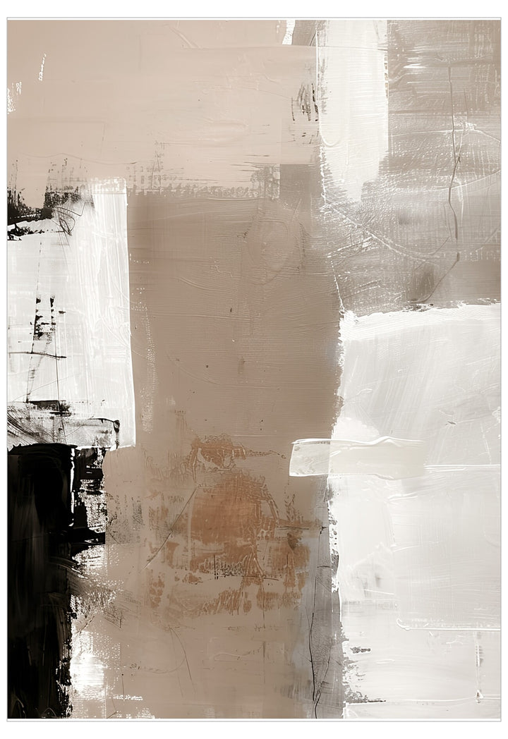 Abstract art piece with beige, brown, and black colors on a textured surface.