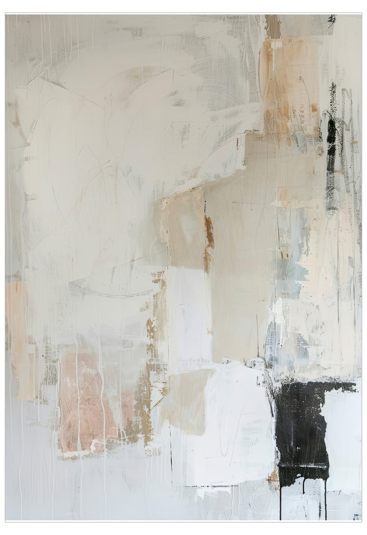 Abstract art painting with beige, black, and white colors on a textured background