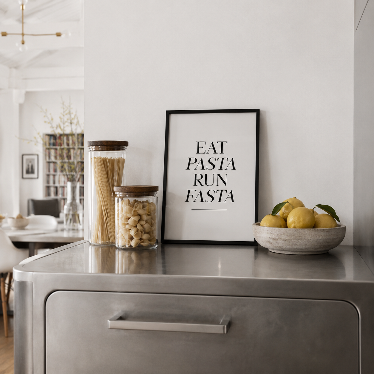 Modern kitchen counter with pasta jars, a bowl of lemons, and a framed quote on a white wall.