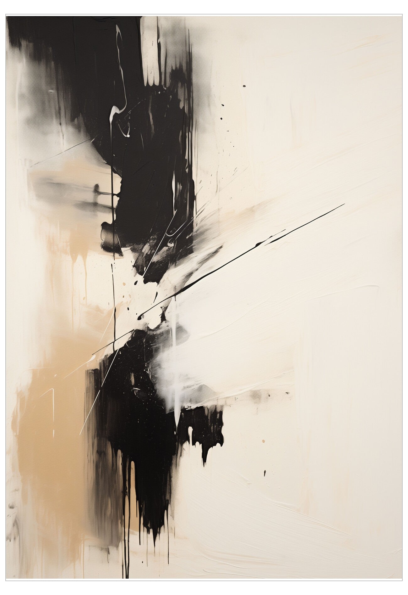 Abstract art piece with black and white brush strokes on a beige background