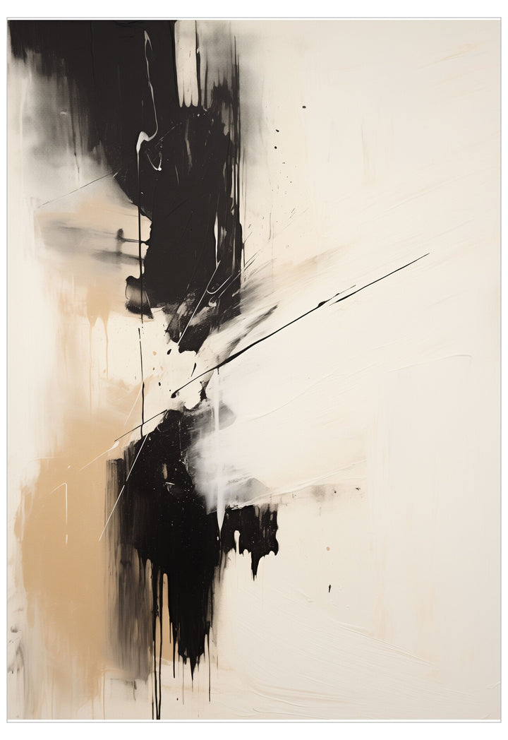 Abstract art piece with black and white brush strokes on a beige background