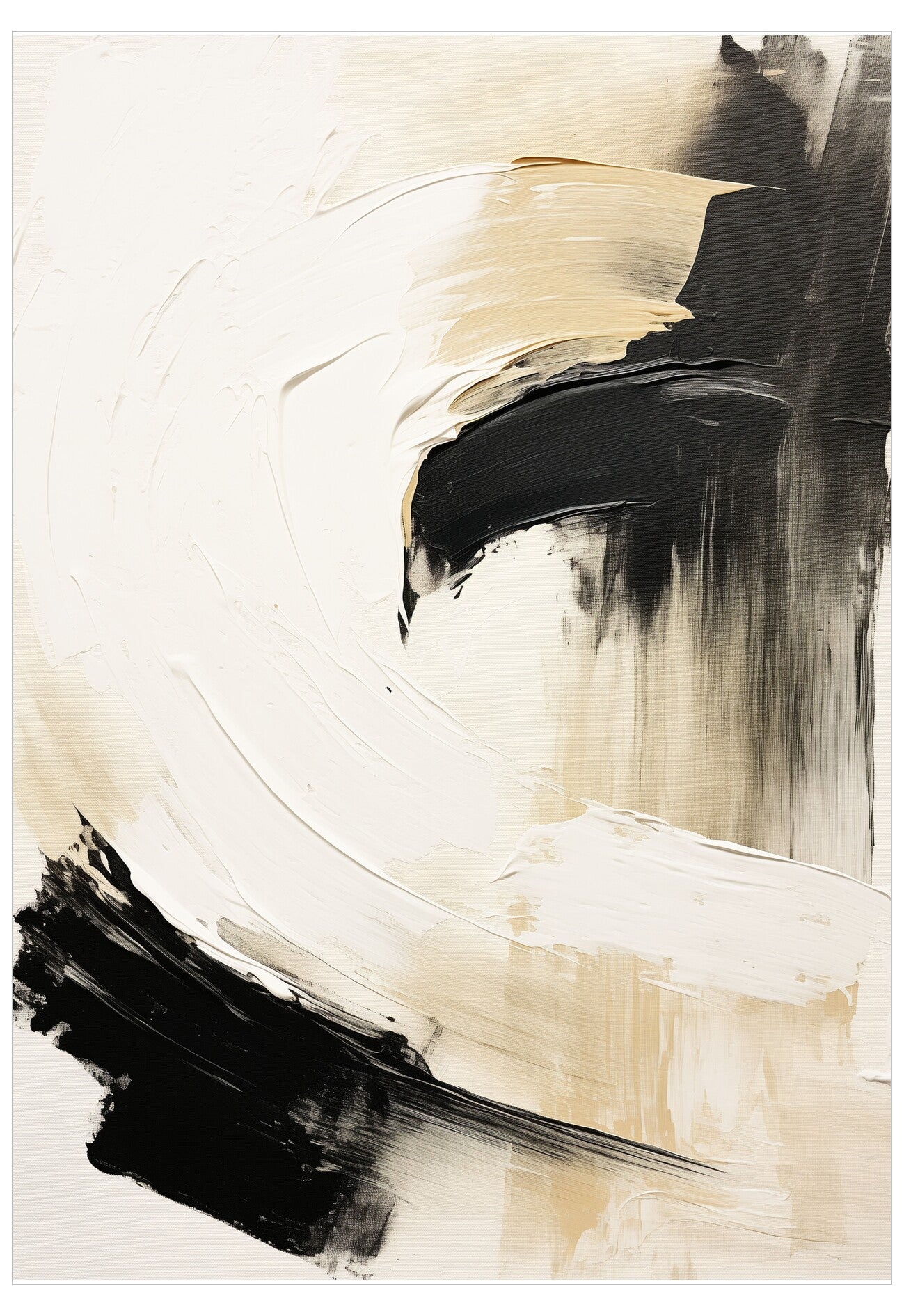 Abstract art piece with black and beige brush strokes on a white background