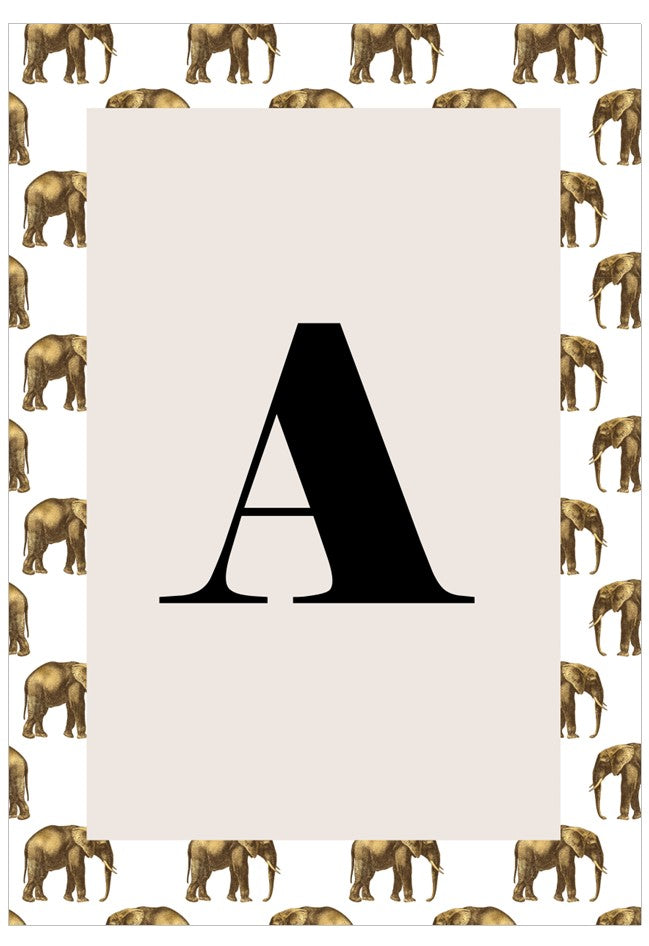 Letter 'A' on a beige background with elephant pattern
