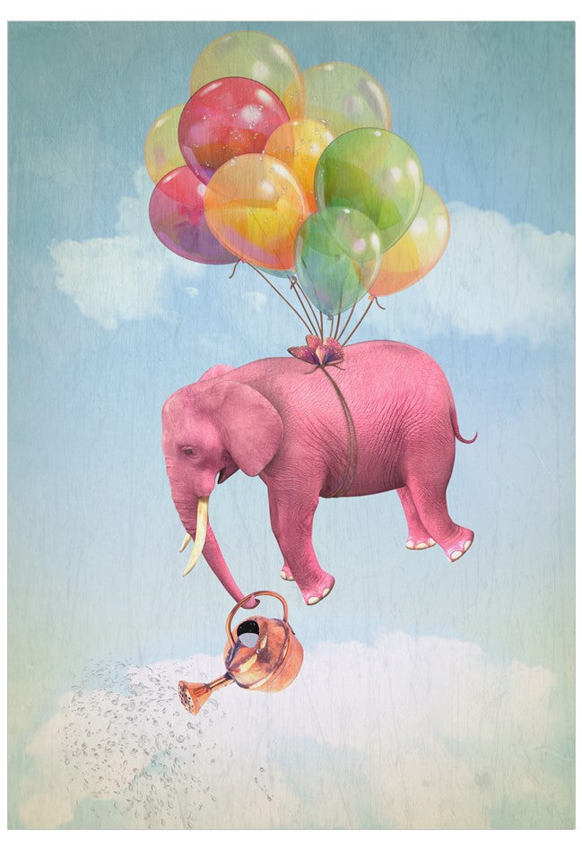 Pink elephant flying with colorful balloons against a blue sky with clouds