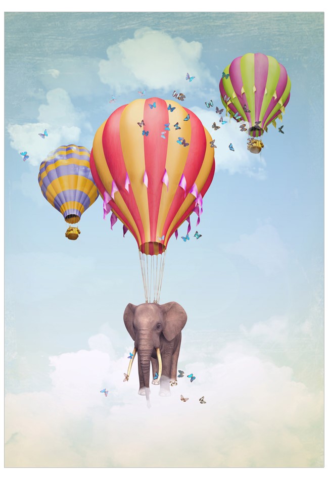 Colorful hot air balloons with an elephant floating among them against a blue sky with clouds.