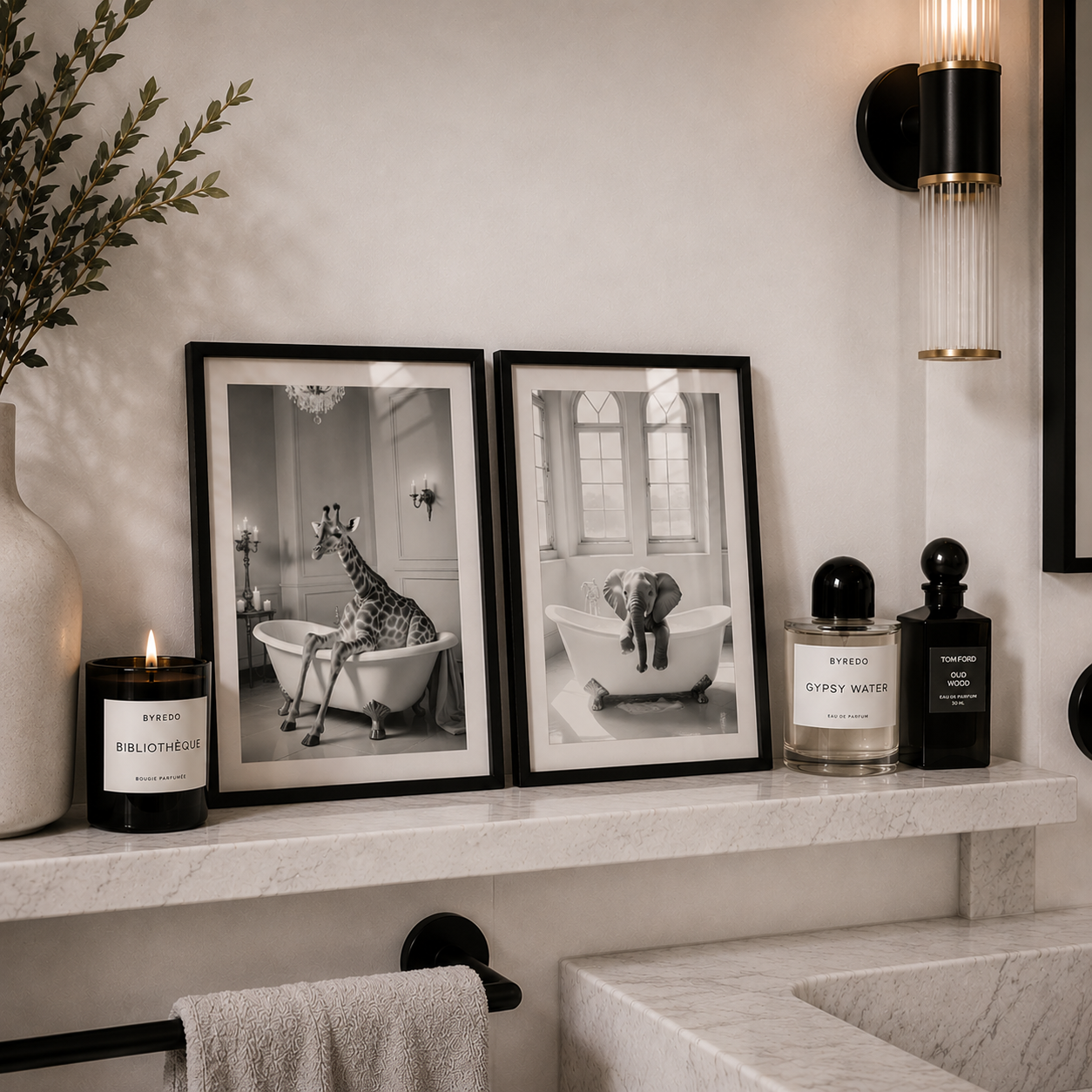 Luxury bathroom with cute animal photography wall prints