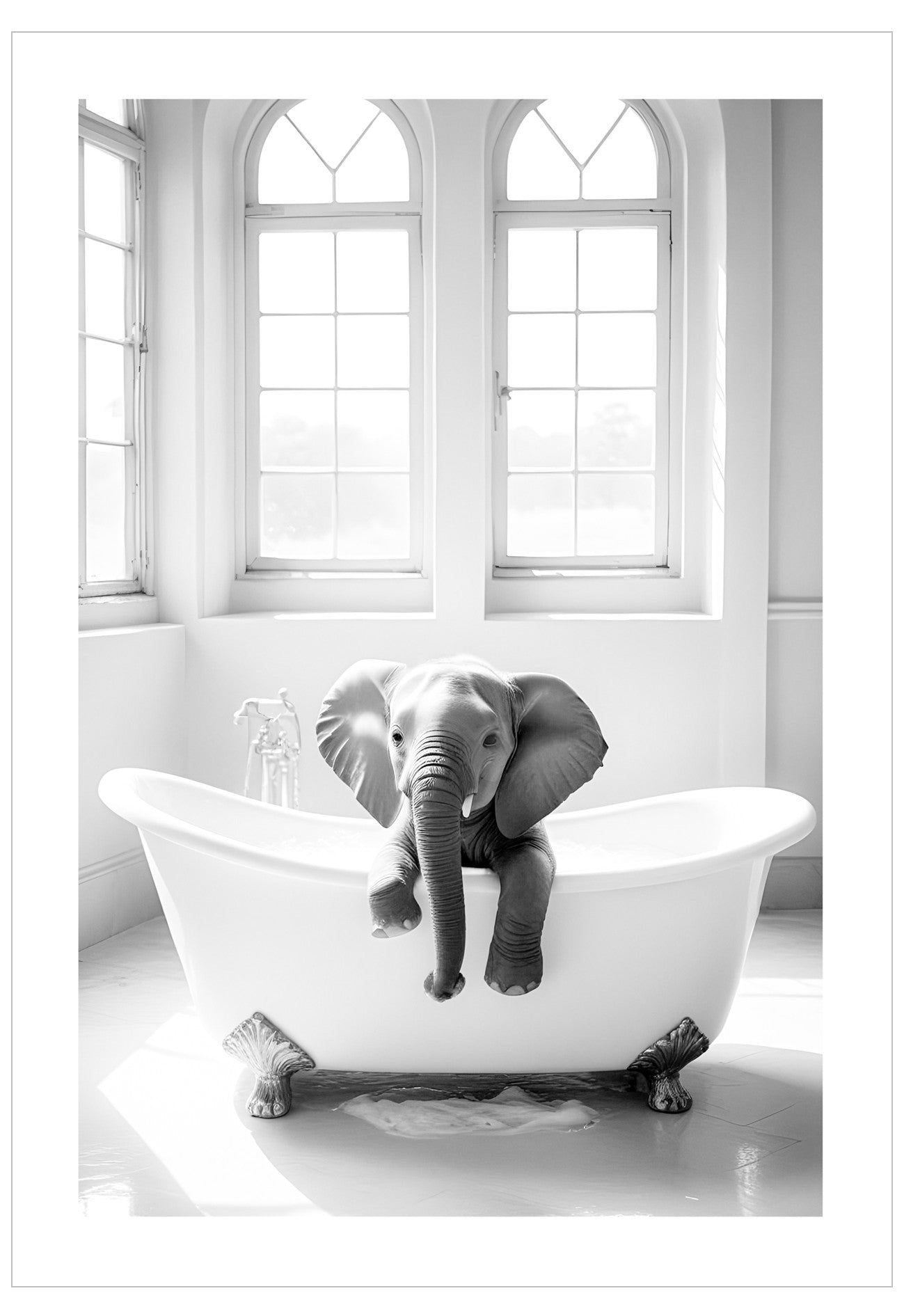 Elephant in a bathtub with large windows in the background