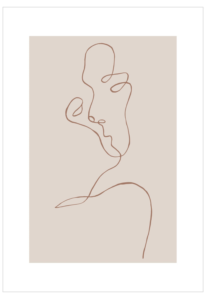 Abstract line art of a face on a beige background