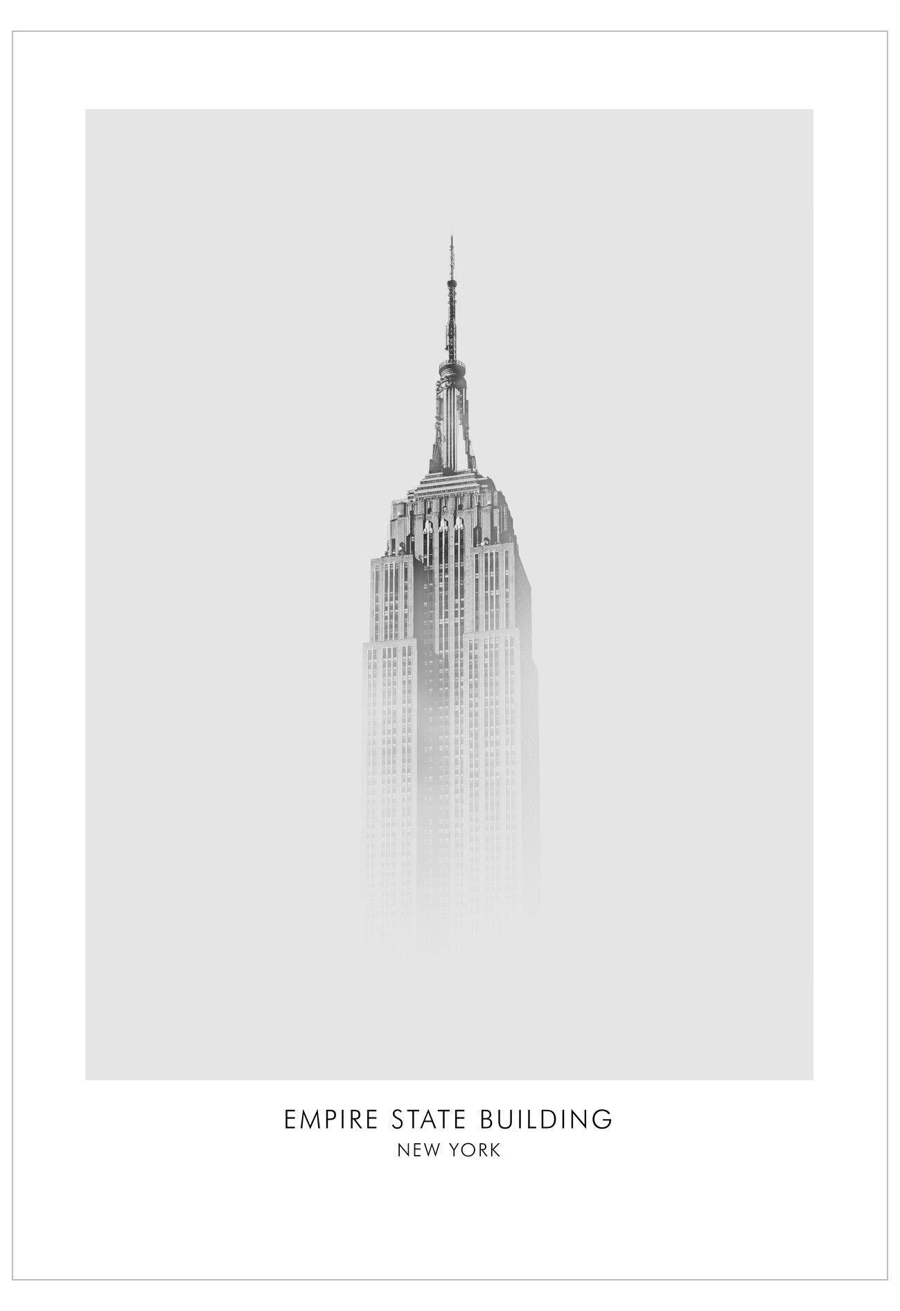 Black and white illustration of the Empire State Building on a light gray background