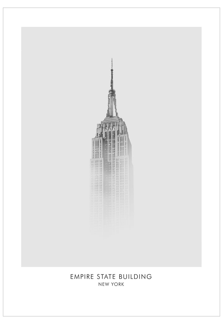 Black and white illustration of the Empire State Building on a light gray background