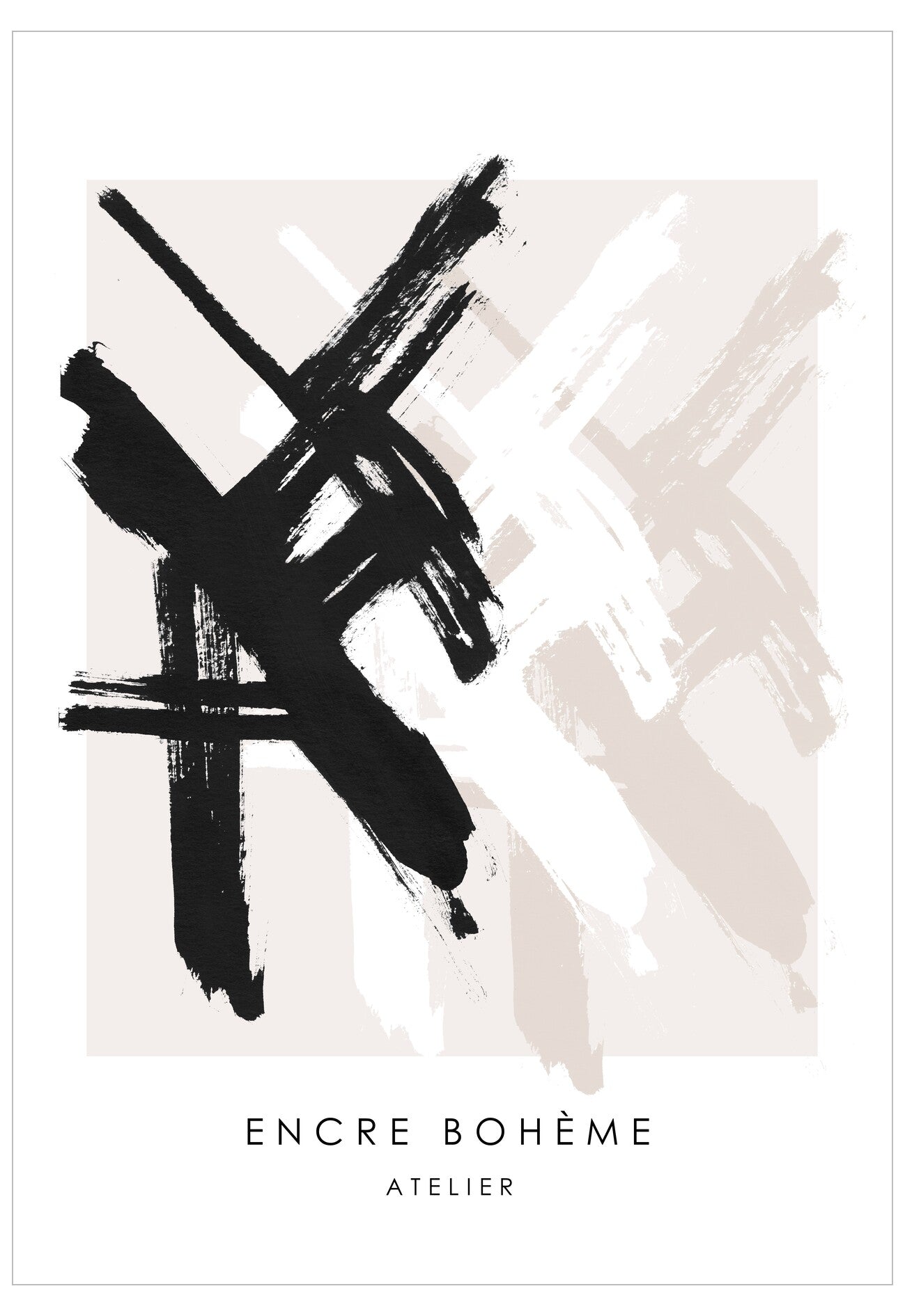 Abstract art with black brush strokes on a beige background, featuring 'Encre Bohème Atelier' text.