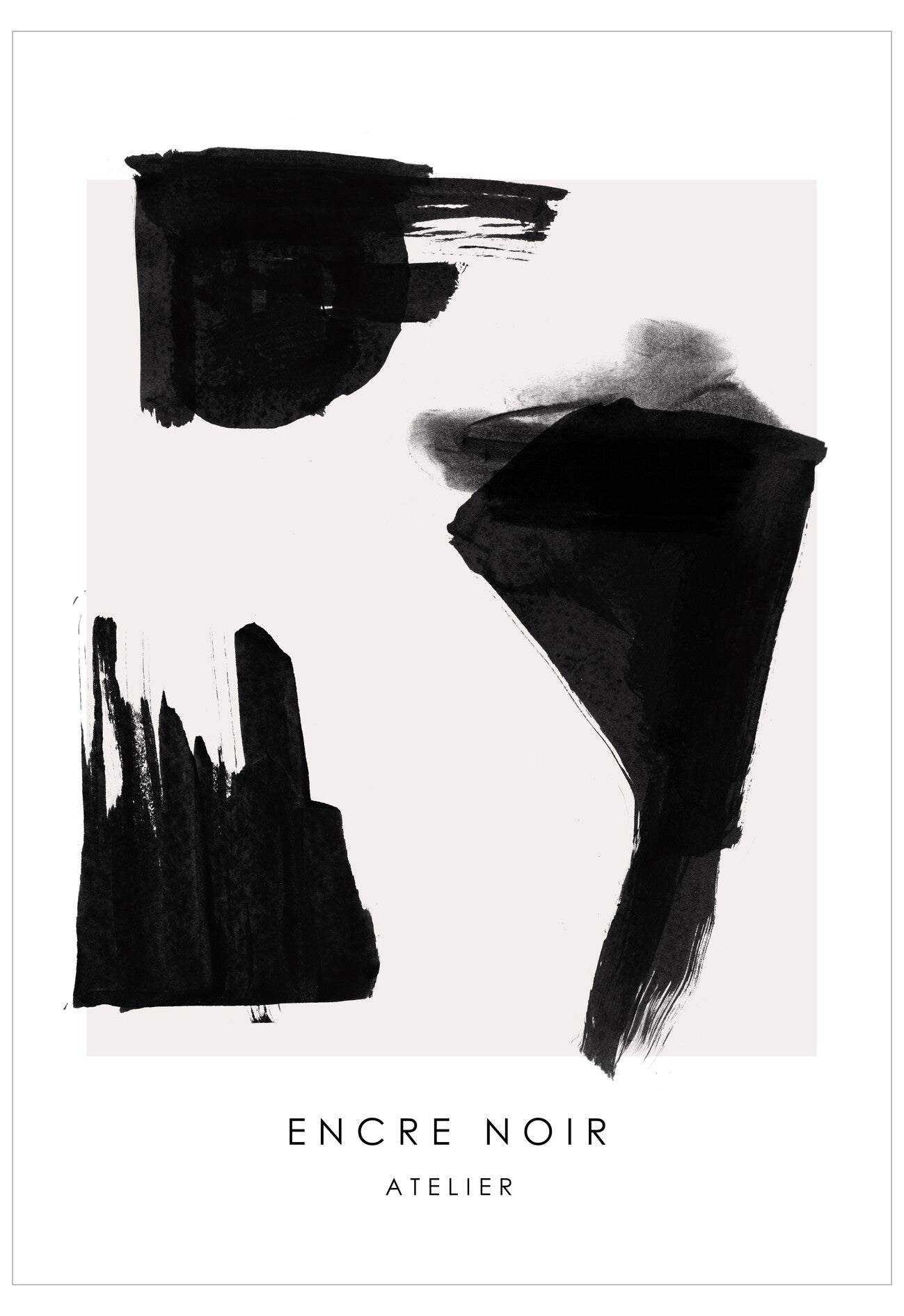 Abstract black brush strokes on a white background with 'ENCRE NOIR ATELIER' text.