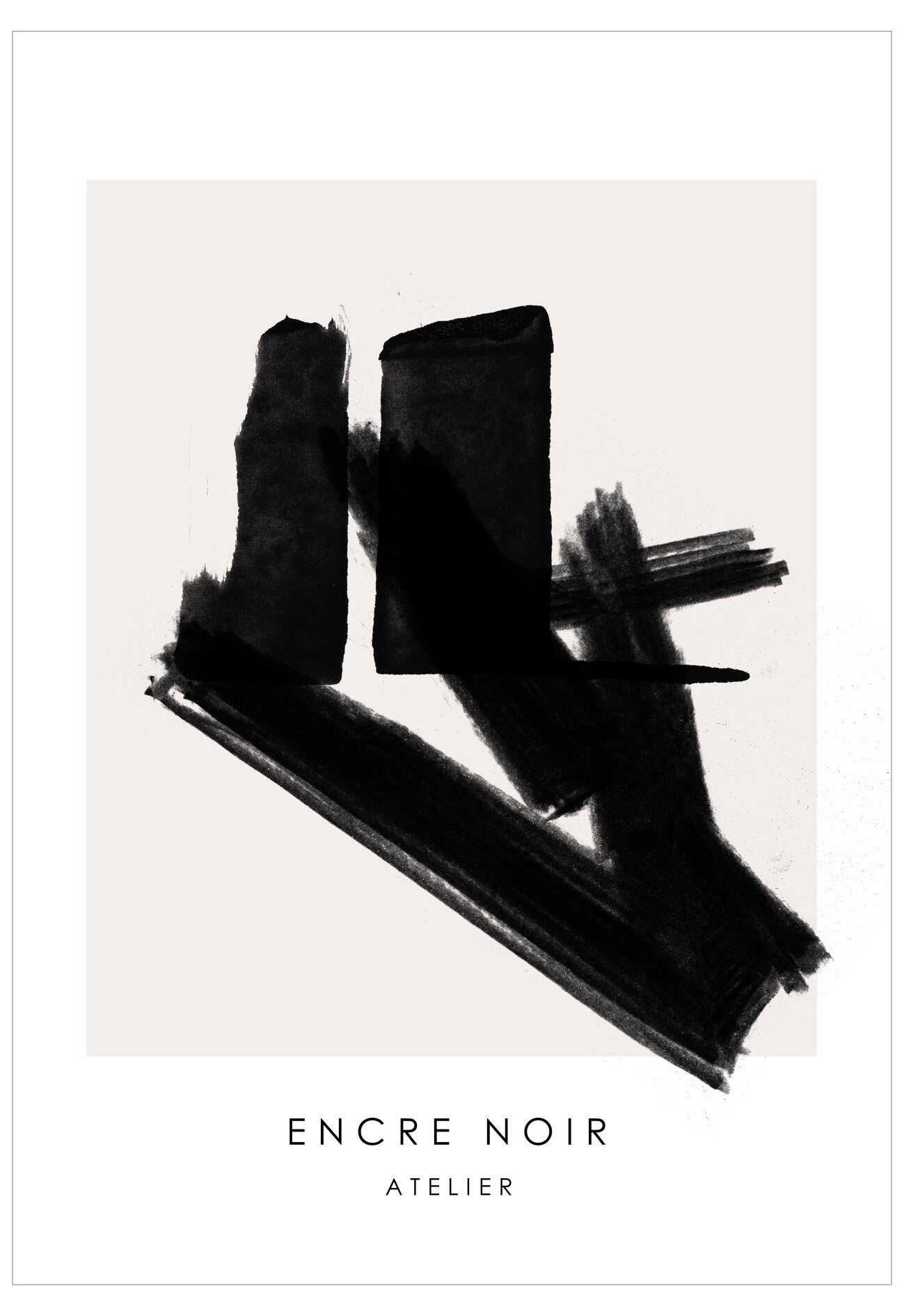 Black ink bottles with brush strokes on a light background, featuring the brand 'Encre Noir Atelier'.