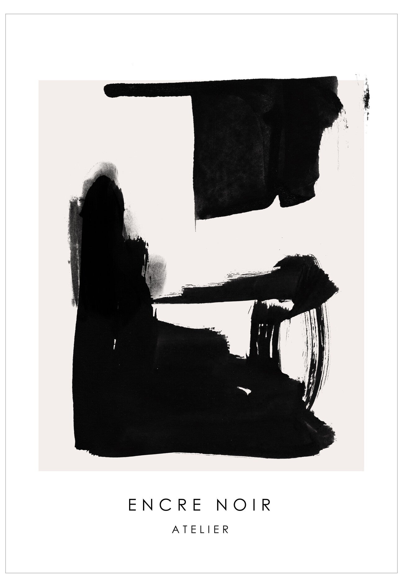 Abstract black and white art print with 'Encre Noir Atelier' branding.