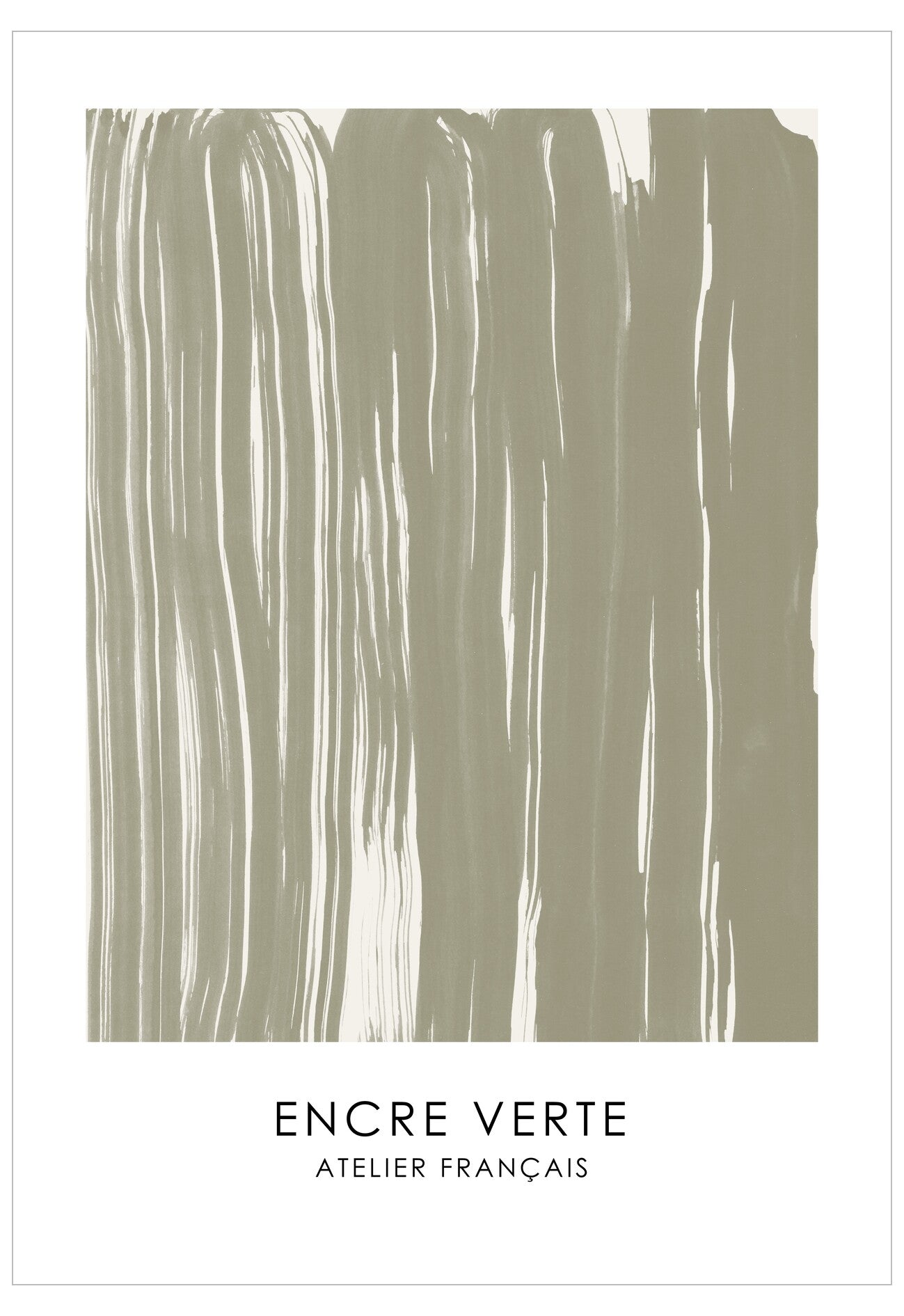 Abstract pattern with 'Encre Verte' text and 'Atelier Français' branding on a white background