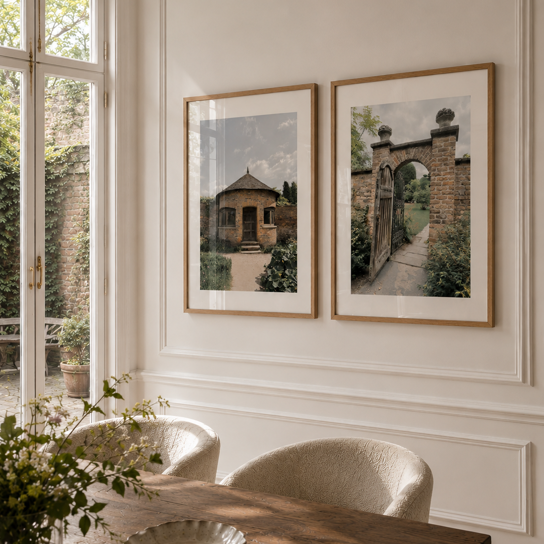 English Garden photography posters in oak frames