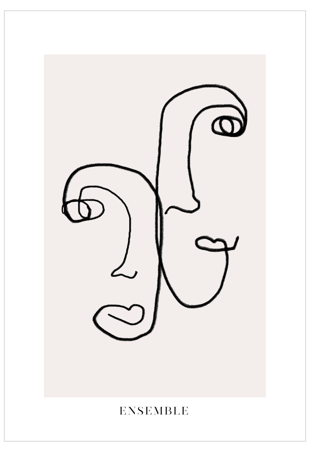 Abstract line art of a face on a beige background with 'ENSEMBLE' text.