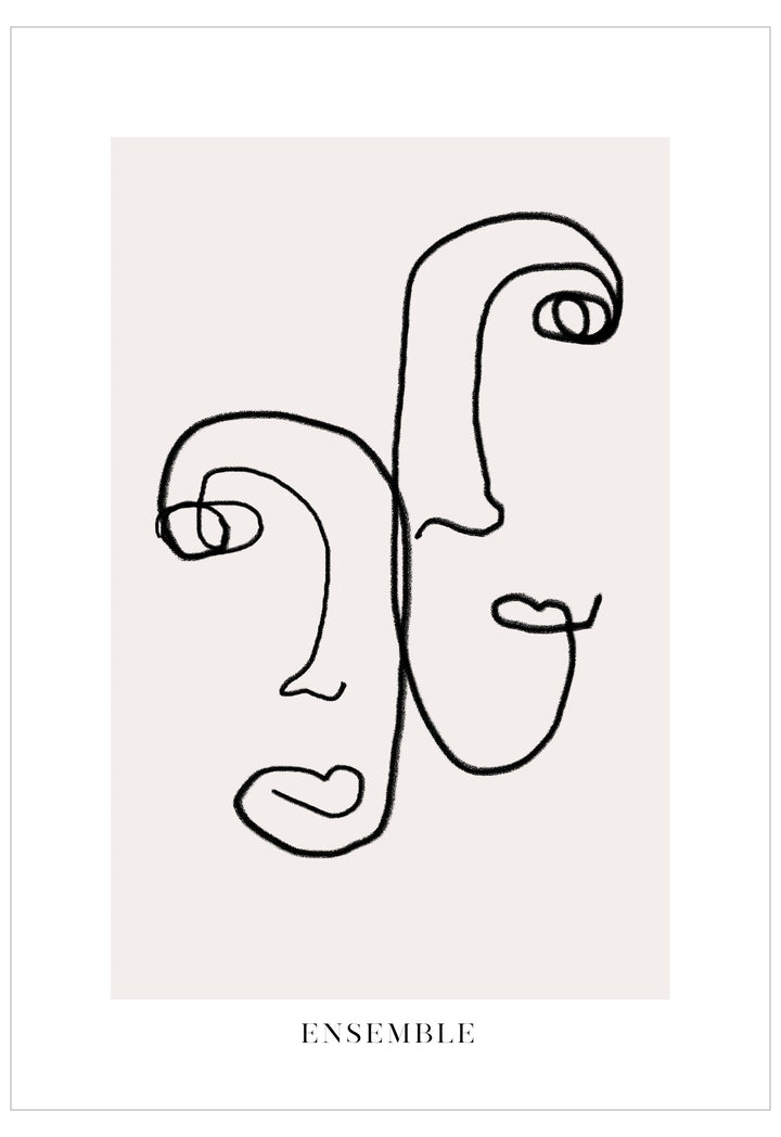Abstract line art of a face on a beige background with 'ENSEMBLE' text.