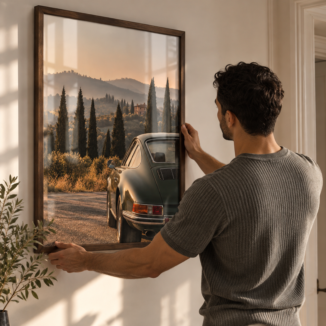 A man in a ribbed gray t-shirt and white pants hangs a large framed landscape print on a beige wall above a modern console table. The print depicts a vintage green car on a dirt road surrounded by cypress trees at sunset.