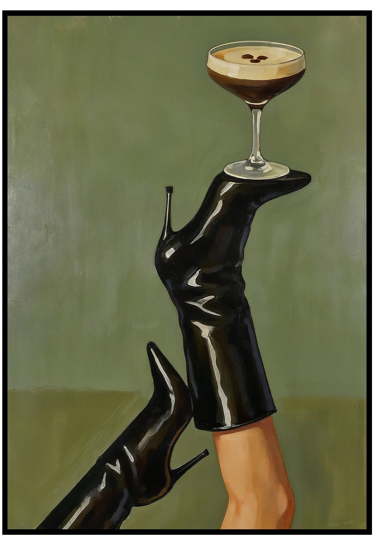 Black high-heeled shoes holding a cocktail glass with an Espresso Martini against a green background