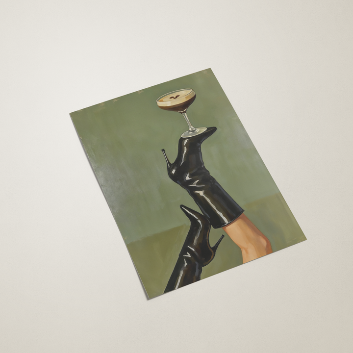 poster with a leg in a black boot balancing a cocktail glass on a green background