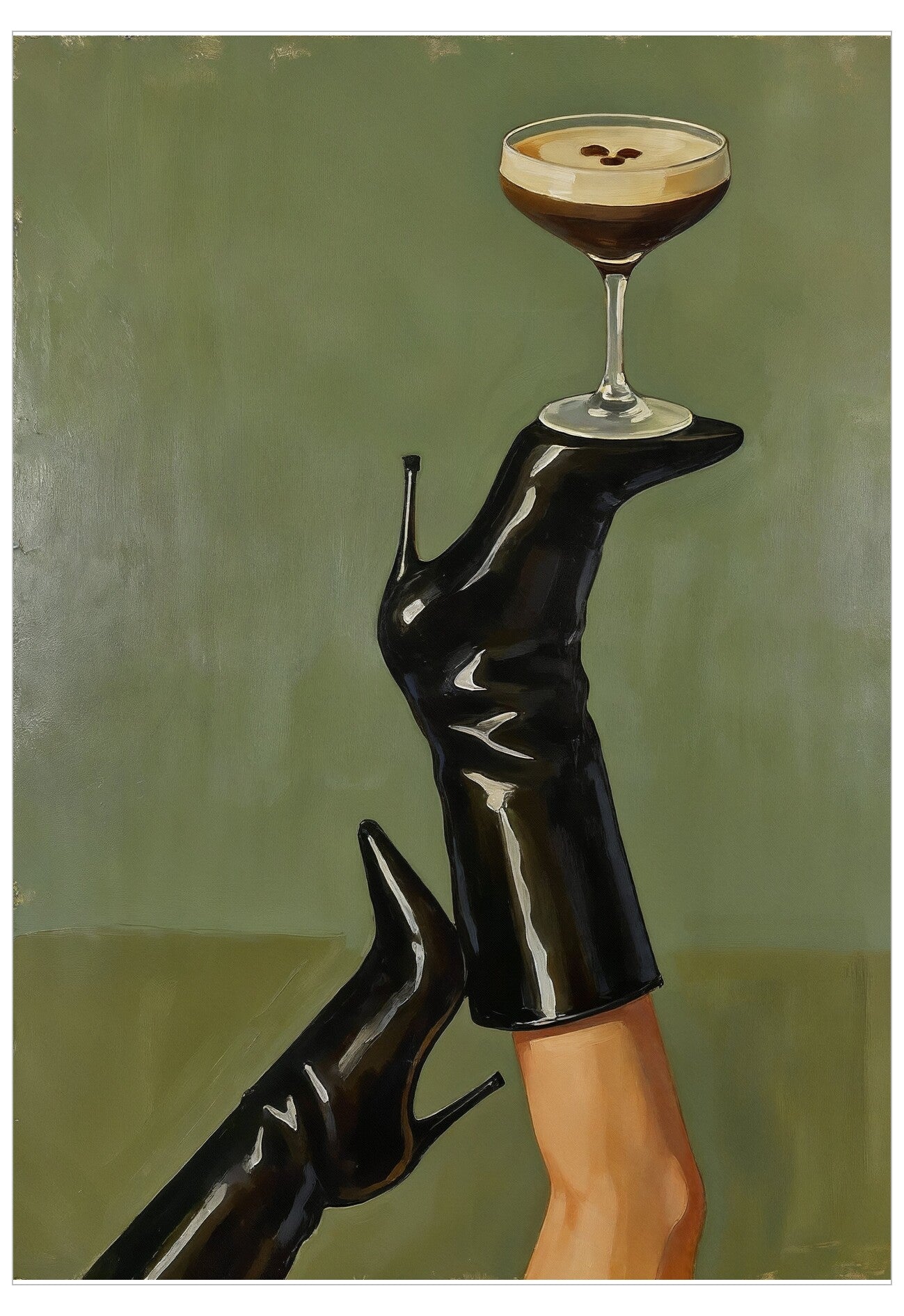 Black high-heeled shoes holding a cocktail glass with a dark liquid against a green background