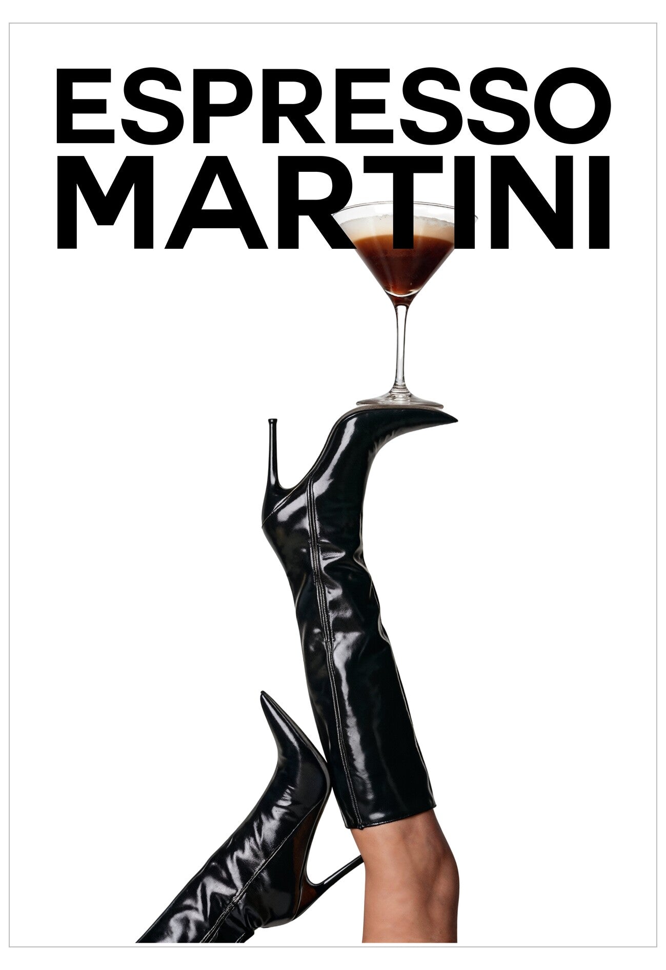 Black high-heeled shoes with a glass of Espresso Martini on a white background