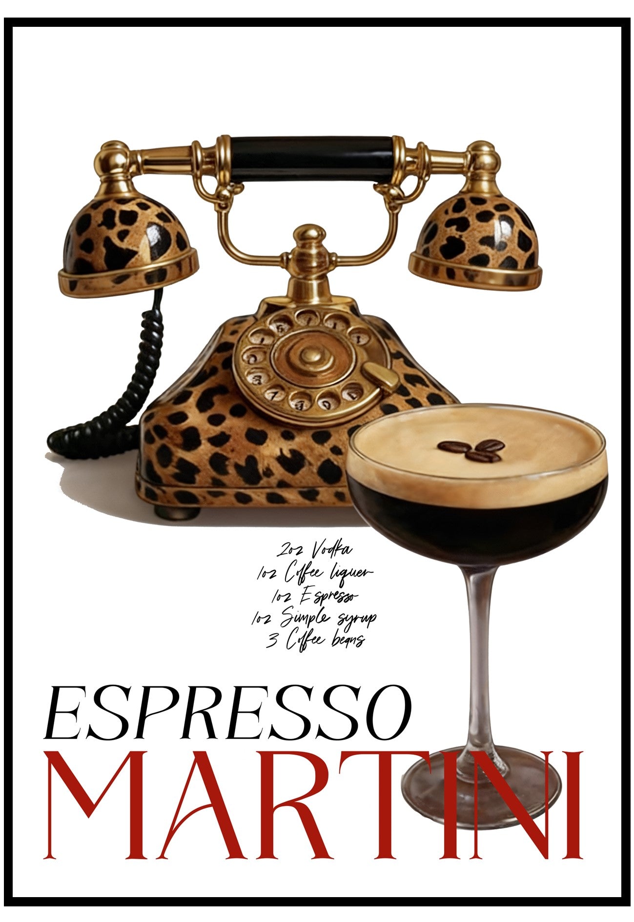 Vintage-style phone and espresso martini with recipe text on a white background