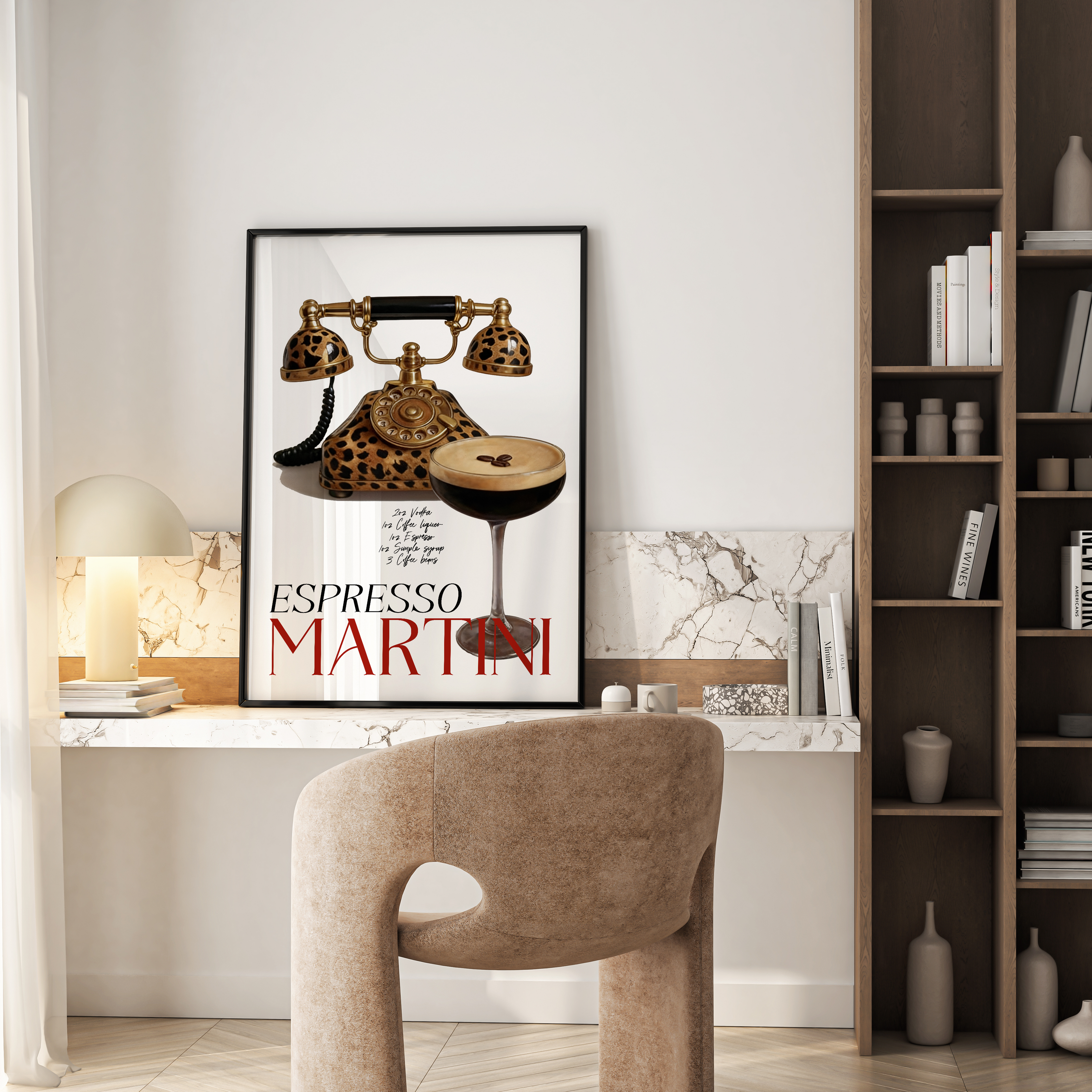 Modern home office with a desk, chair, and wall art.