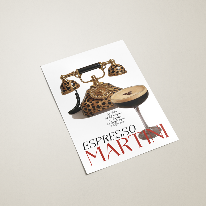 Espresso Martini cocktail poster with a vintage phone on a white background