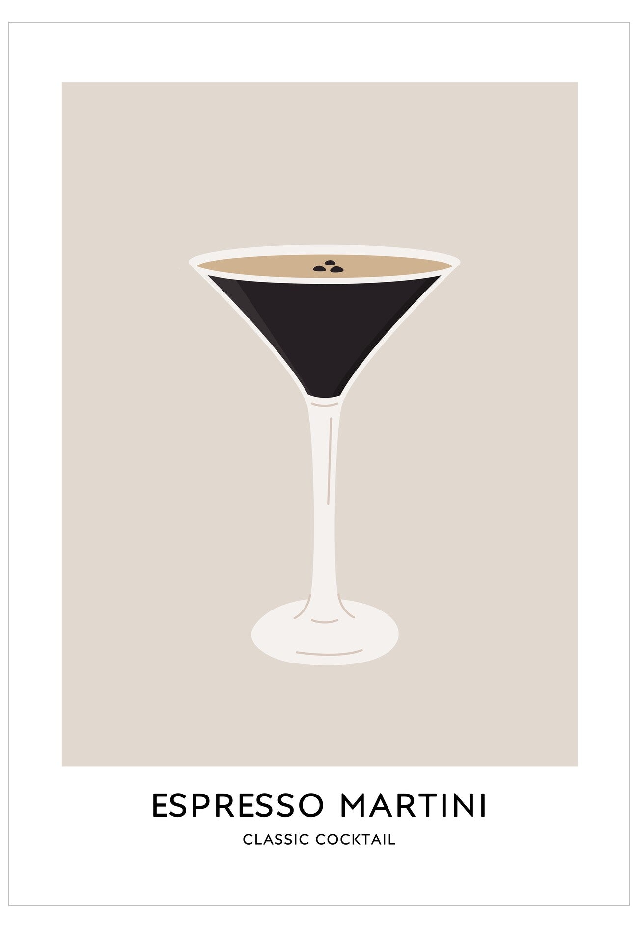 Illustration of an espresso martini glass on a beige background with 'Espresso Martini' text below.