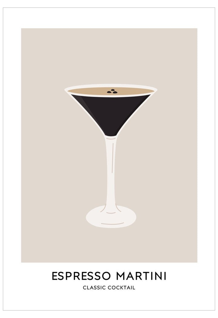 Illustration of an espresso martini glass on a beige background with 'Espresso Martini' text below.