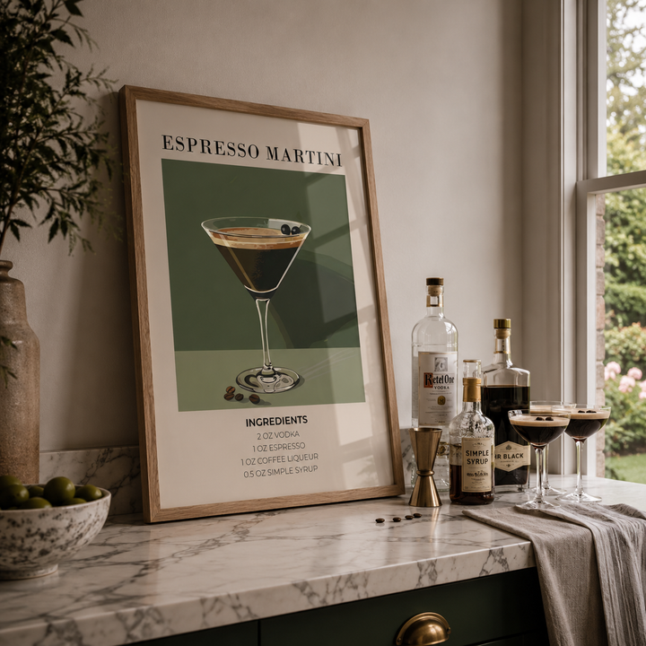 Stylish country kitchen with espresso martini art poster
