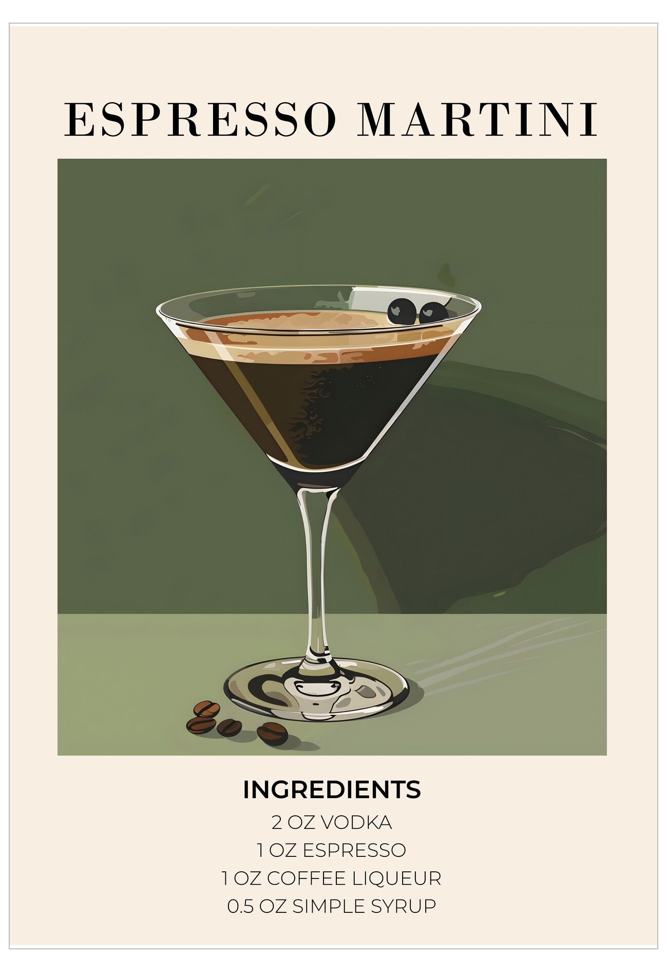 Illustration of an Espresso Martini with ingredients listed on a green and beige background