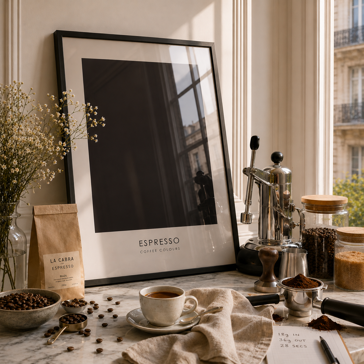 Café setting with coffee beans, a cup of coffee, and a framed print on a marble surface.