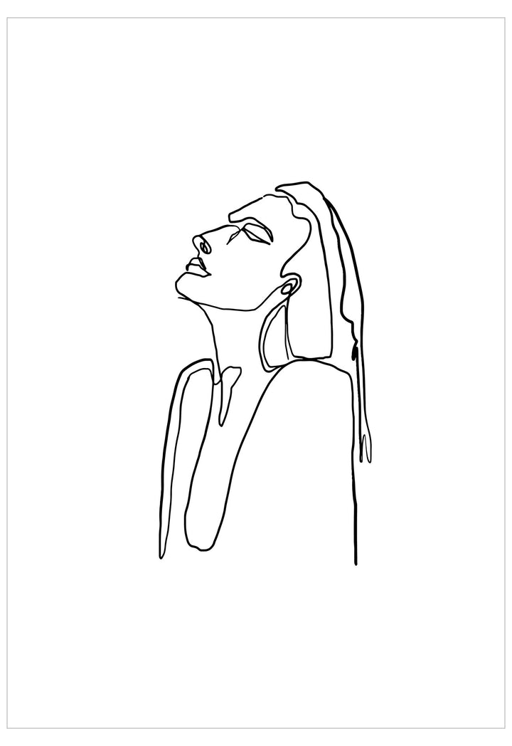 Line drawing of a person with long hair on a white background